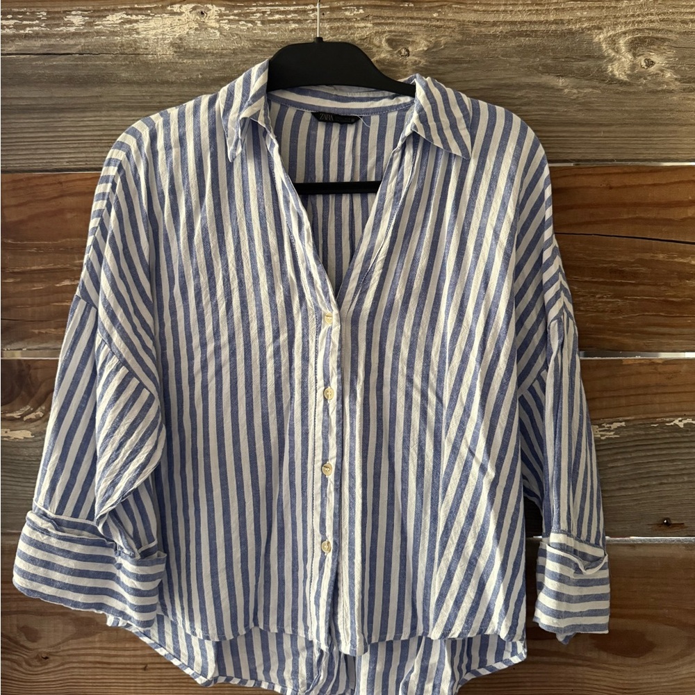 Blue and White Striped Button-Up Shirt